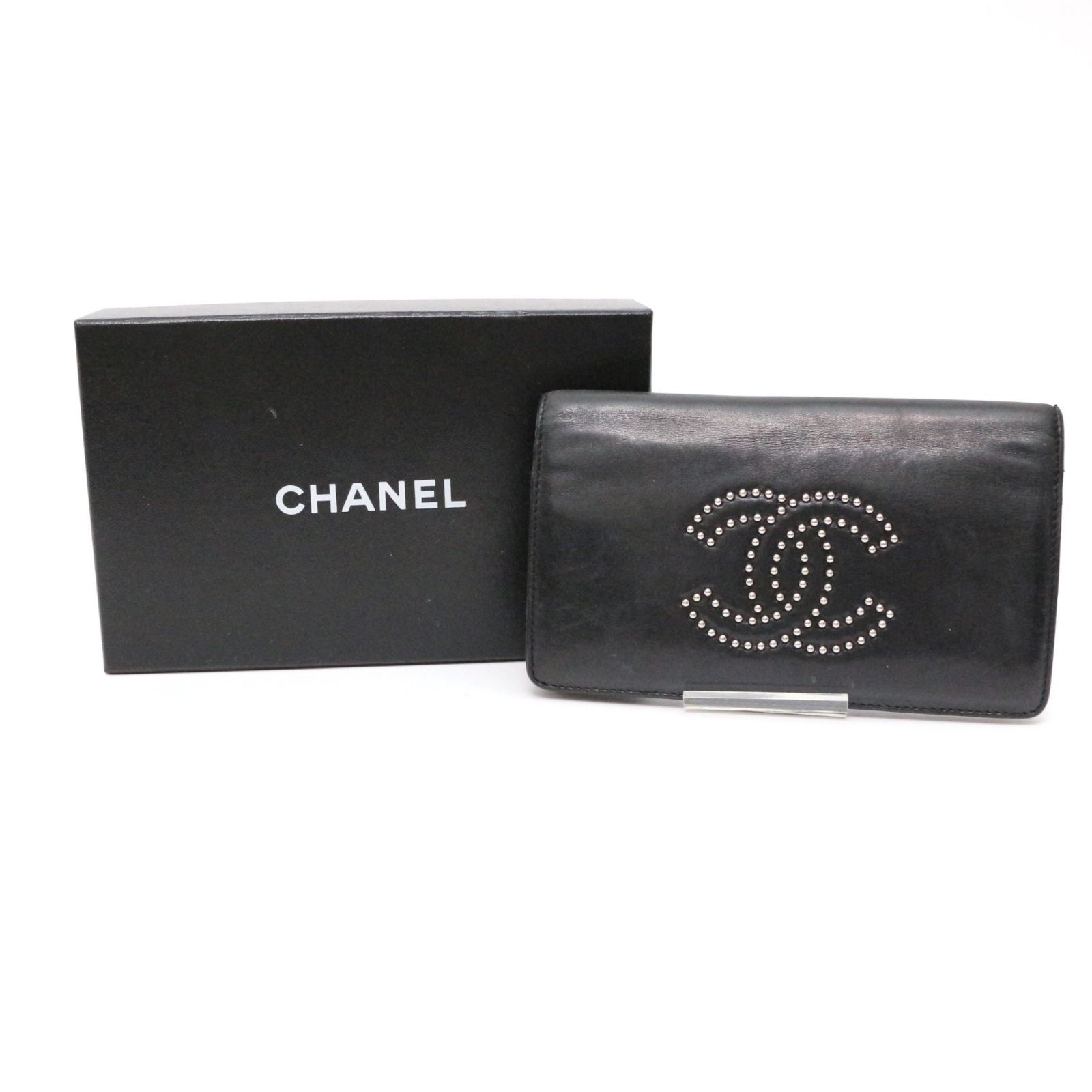 シャネル 長財布 ロングウォレット long wallet ココマーク スタッズ レザー 本革 黒 ブラック black CHANEL