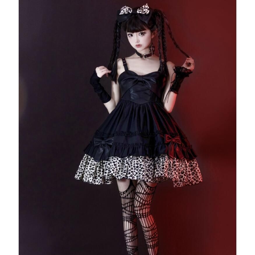 ジャンパースカート ロリータ ワンピース パンク ゴシック ゴスロリ ロリータ ドレス ショート丈 膝丈 暗黒系 ロリータ服 lolita フェイクレザー切替 ワンピース