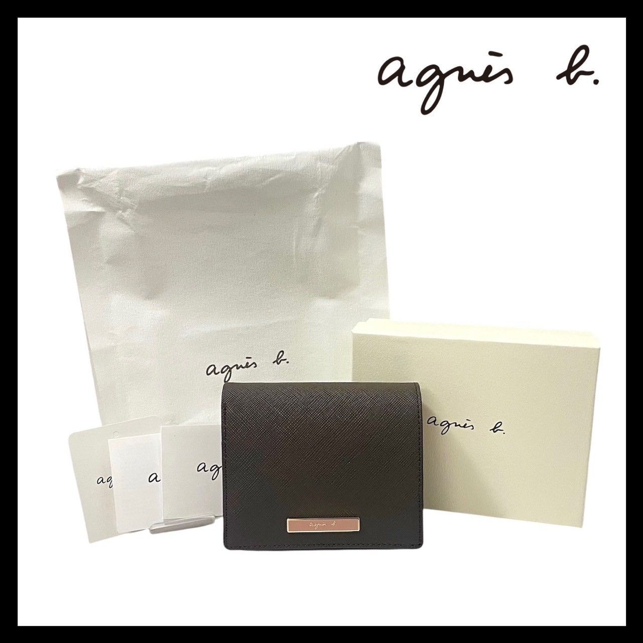 agnes b.】二つ折り財布 QAW05-01 レザー ブラウン/茶 ピンク ロゴ 