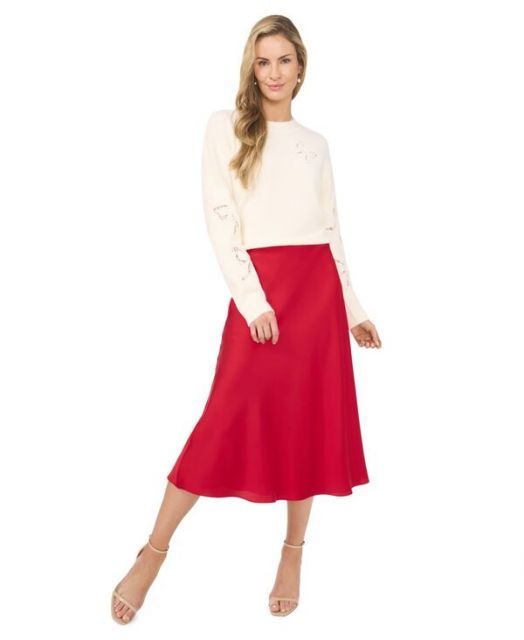 送料無料 セセ レディース スカート ボトムス Women s A-line Side-Zip Satin Midi Skirt Stoplight Red