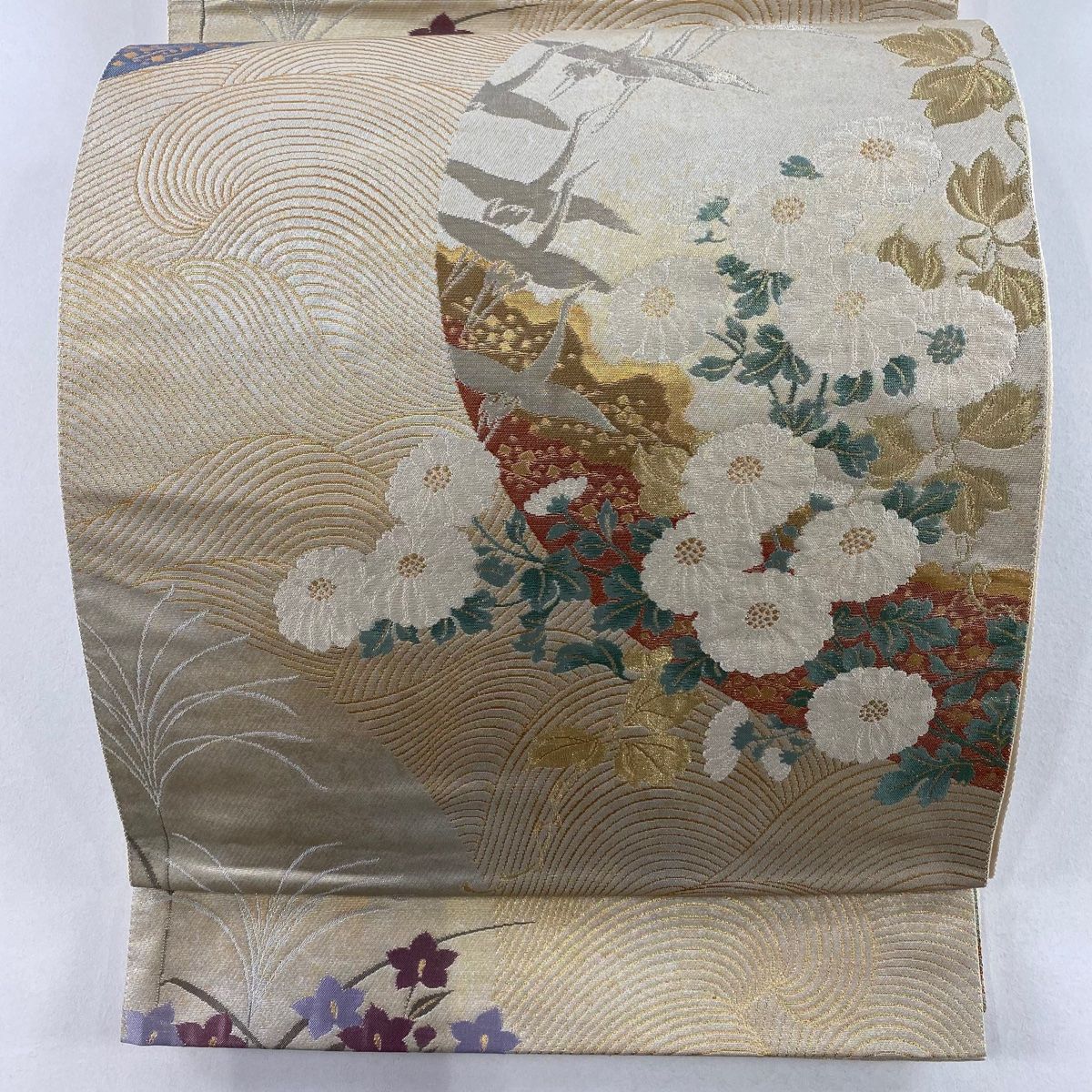 袋帯　箔　螺鈿　　藤　桜　菊 螺鈿箔 菊梅柏に宝尽くし文 袋帯：風楽