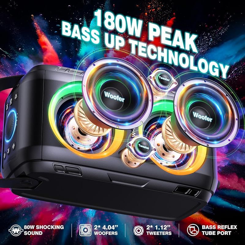 80W Bluetoothポータブルスピーカー 、重低音105dBサウンド