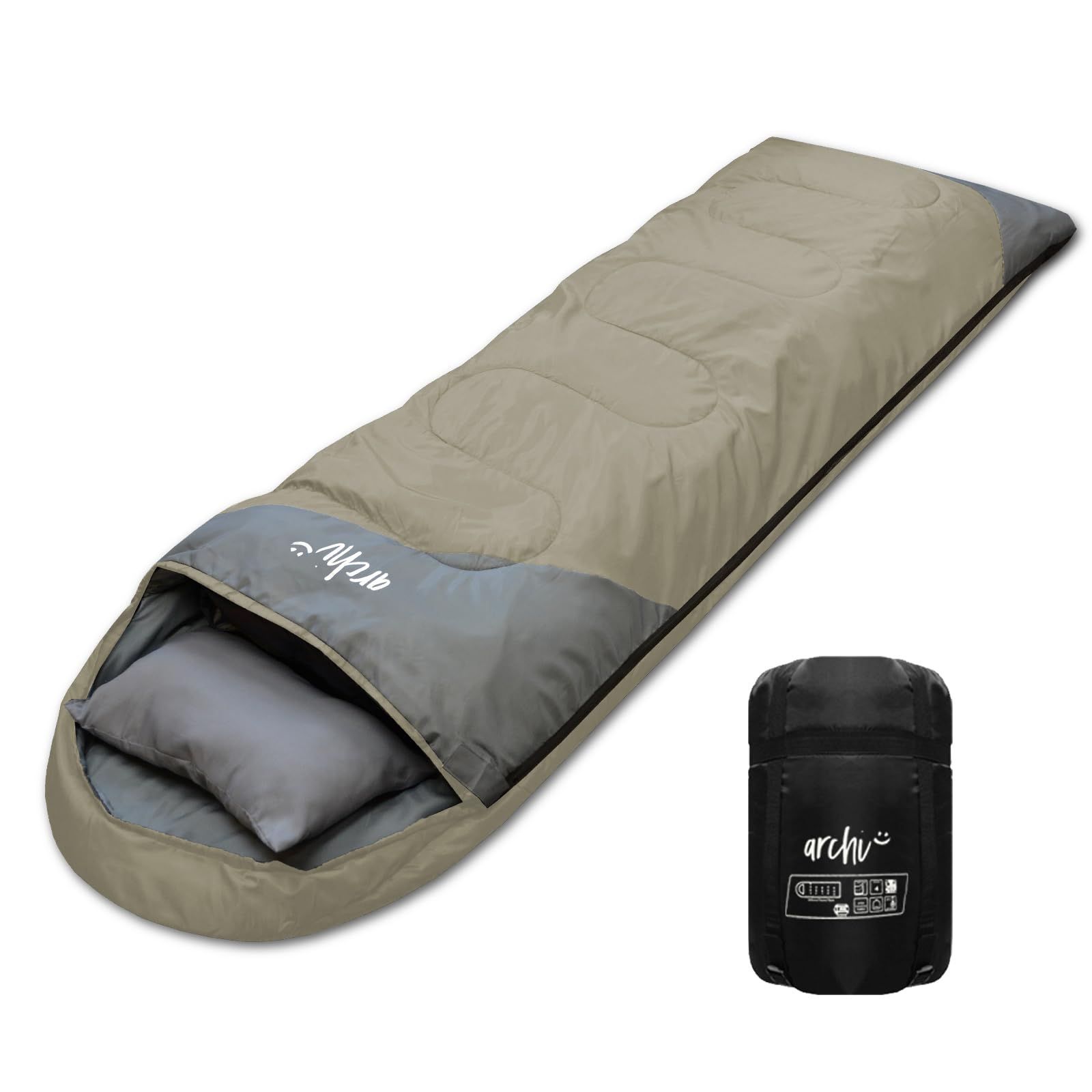 ベージュ archi(アーチ) 寝袋 シュラフ 枕付き 冬用 コンパクト オール 