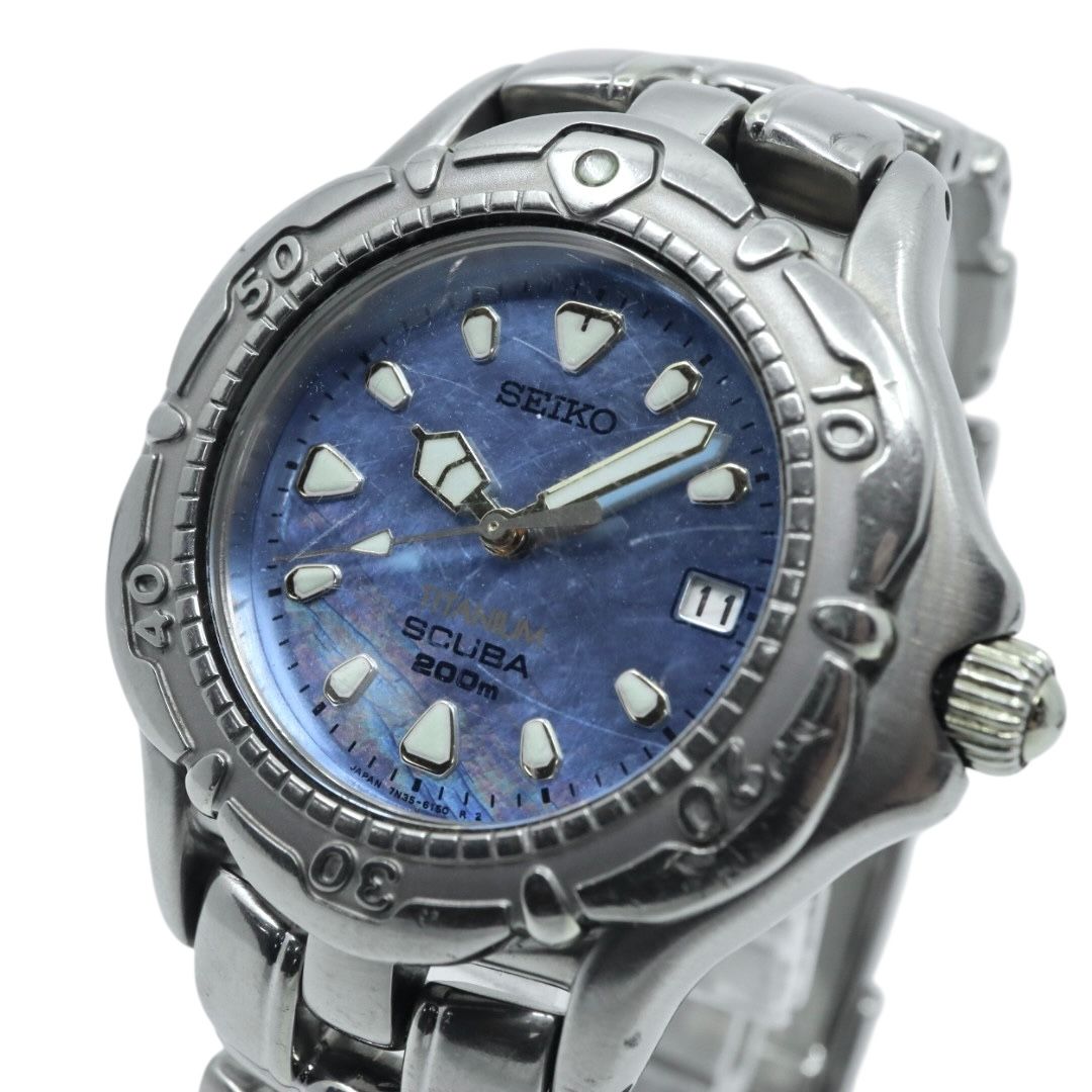 電池交換済 seiko セイコー プロスペックス スキューバ 200M 7N35-6120 ダイバーズウォッチ 腕時計 メンズ チタン クオーツ ブルーダイヤル デイト表示 回転ベゼル スポーツ ヴィンテージ モデル クリーニング済み G4