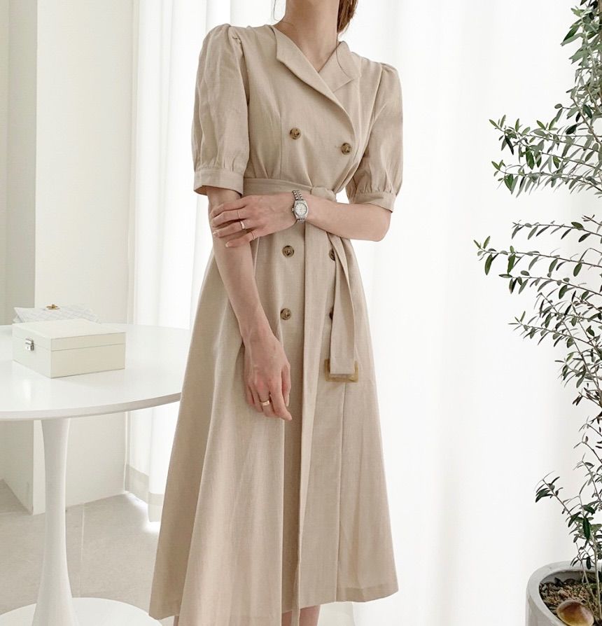 トレンチ風 ワンピース 半袖 パフスリーブ ミモレ丈 ロングワンピース