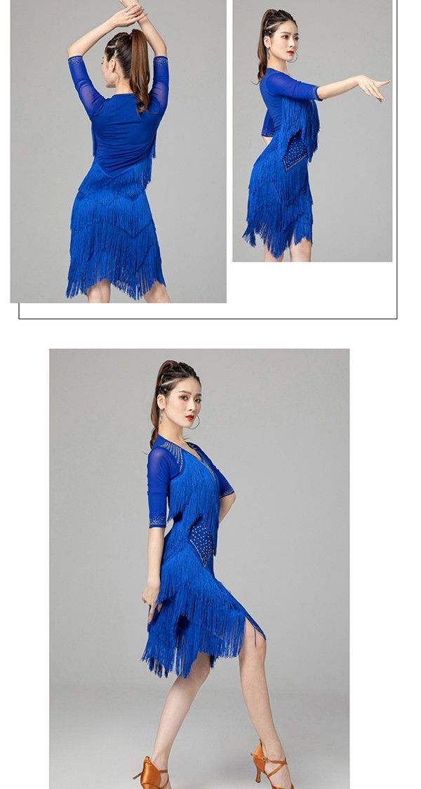 社交ダンス ラテンドレス 社交ダンス ワンピース ダンス衣装 演技服 ワンピース 透け感 装飾あり 練習着 長袖 ワルツ チャチャチャ ラテン ステージ衣装 演出着 演出用 フリンジ ブルー 赤 WHITEMONARCHHOTEL_COM