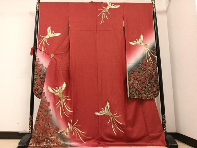 平和屋着物●豪華振袖 駒刺繍 鳳凰花文 暈し染め 金彩 金通し地 ロング丈 正絹 AABB8205ph