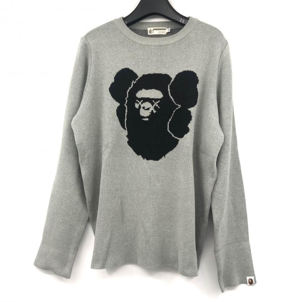 【中古】APE × KAWS Big Head Knit サイズM グレー 毛玉有 ニット エイプ カウズ[17]