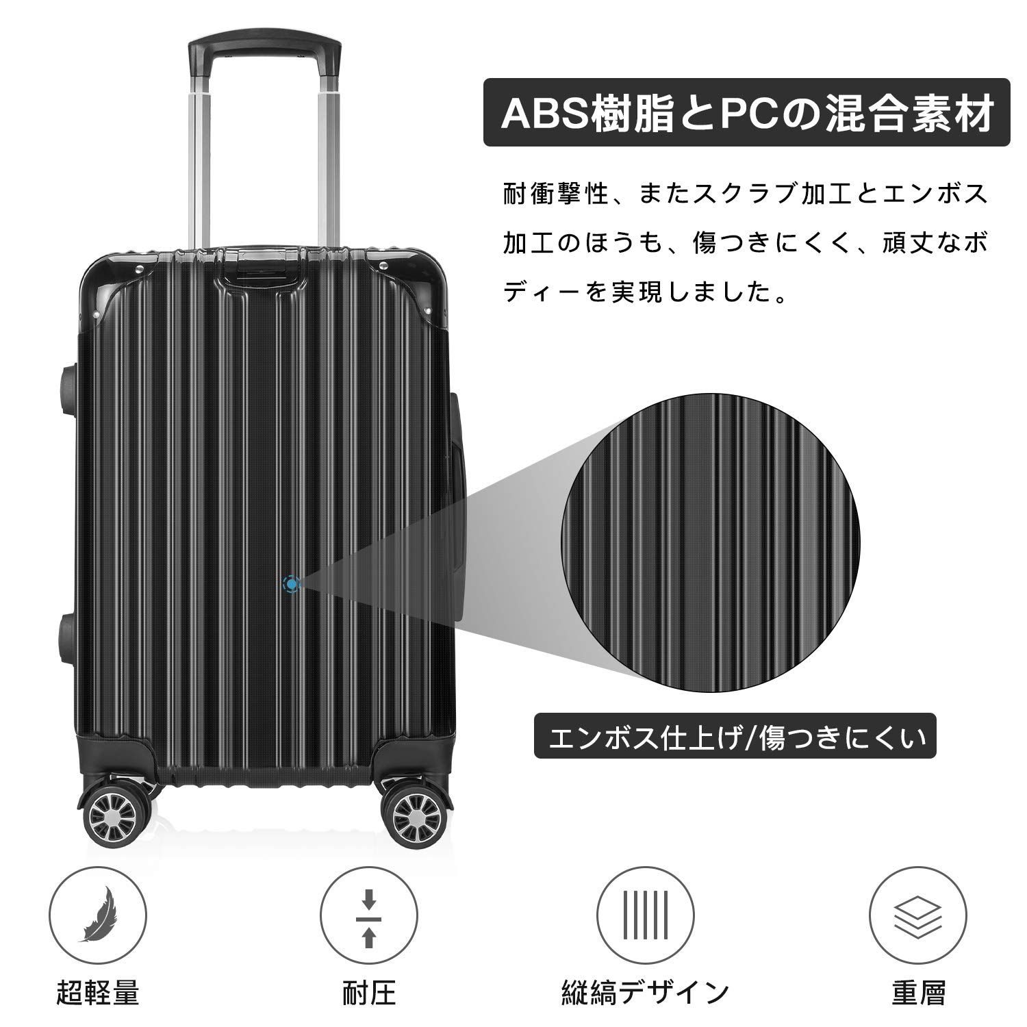 ダブルキャスター 静音 耐衝撃 大型 360度回転 TSAローク搭載 超軽量 ファスナー式 機内持込 旅行 キャリーケース ビジネス 出張 キャリーバッグ S スーツケース サイズ 40.5 L VARNIC 黒-2