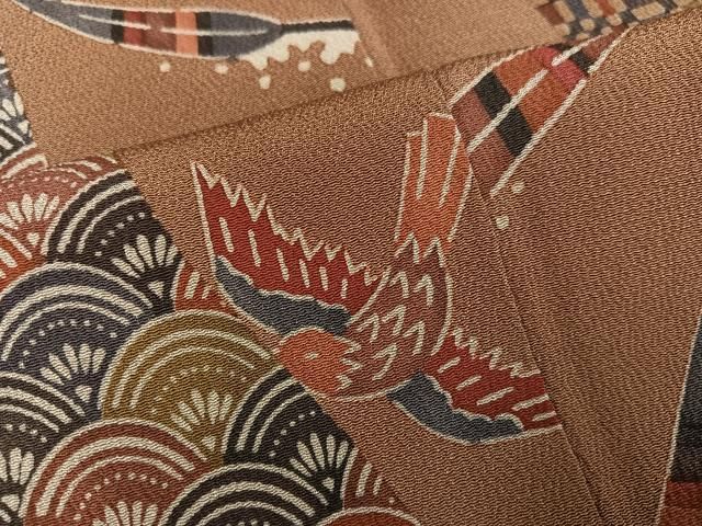 平和屋着物●江戸紅型　五味桂子　訪問着　花鳥文　鬼しぼ縮緬　正絹　逸品　AABC8031ph 平和屋着物○江戸紅型 五味桂子 訪問着 花鳥文 鬼しぼ縮緬 正絹 逸品