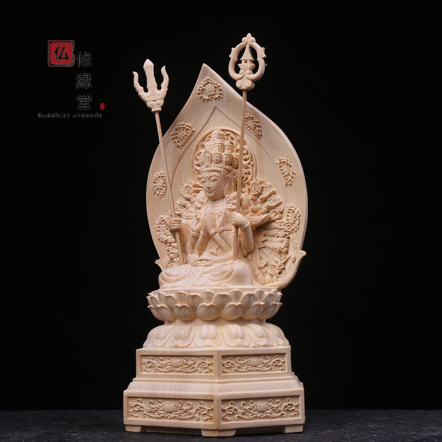 【修縁堂】大迫力 木彫り 仏像 千手観音菩薩立像 彫刻 一刀彫 天然木檜材 修縁堂】大迫力 木彫り 仏像 千手観音菩薩座像 彫刻 一刀彫 天然