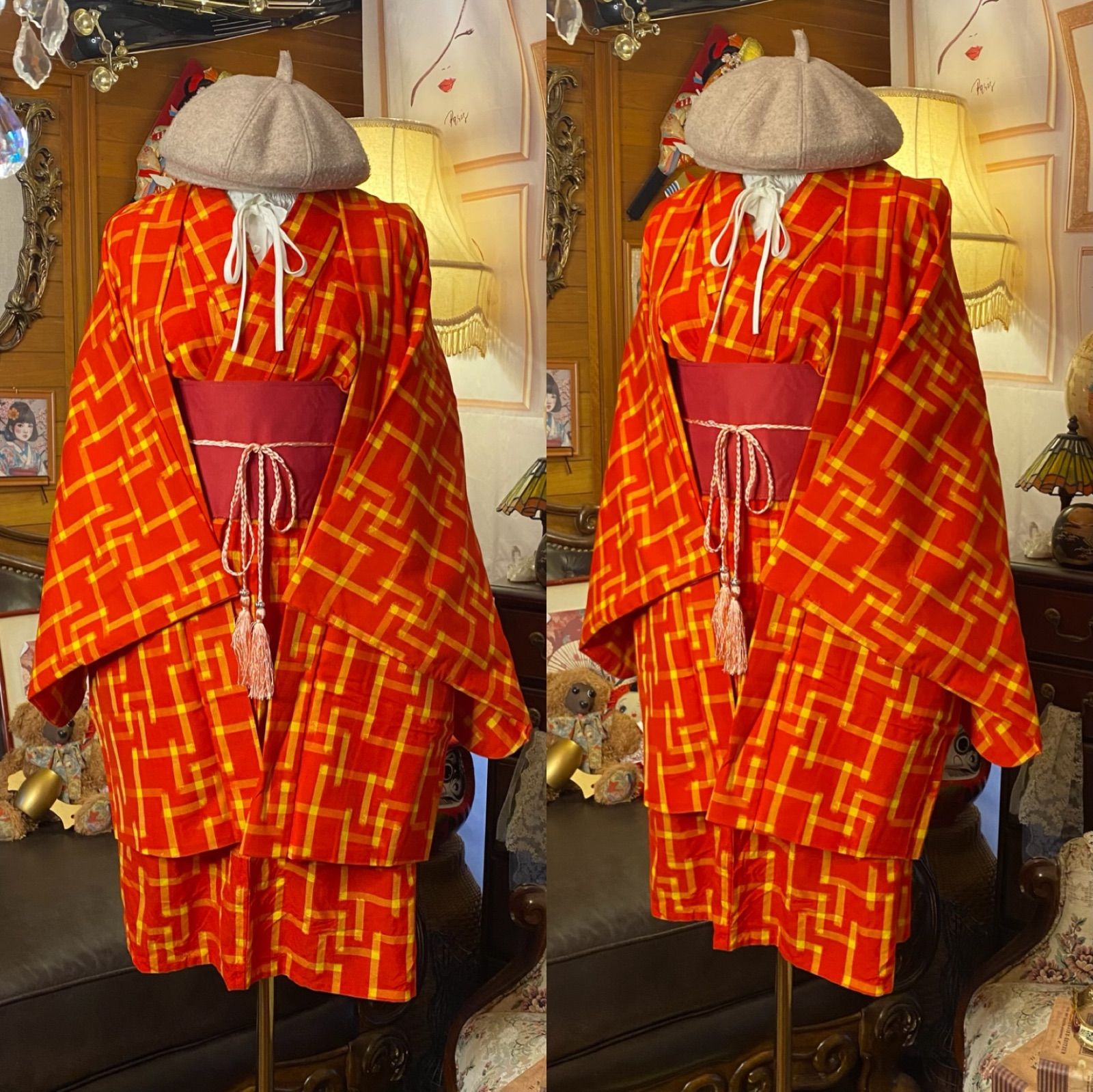 着物リメイクミニミディワンピース アンサンブル 帯サッシュベルト付き 和洋折衷 ハンドメイド レトロ 古着 朱赤×菜の花イエローの“かすれ格子 aKW-103 着物リメイクミニミディワンピース アンサンブル 帯サッシュベルト付き