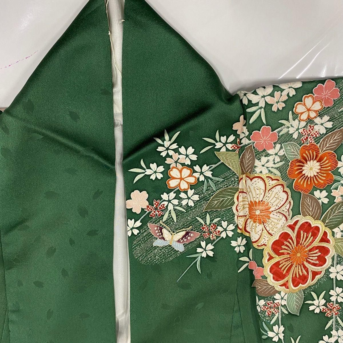 振袖 身丈172cm 裄丈68.5cm L 袷 蝶 桜 金糸 金銀彩 緑 正絹