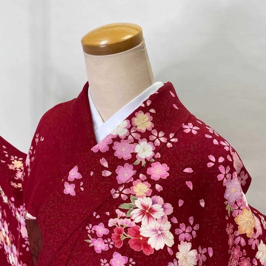 中古 振袖 正絹 美品 花柄 LL サイズ 赤 絞り ラメ入り 成人式 古典 裄 