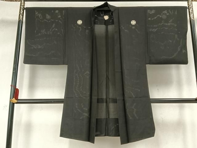 平和屋着物▽男性 黒紋付 長羽織 スリーシーズン 春夏秋 塵除け 正絹 AABB2358fy