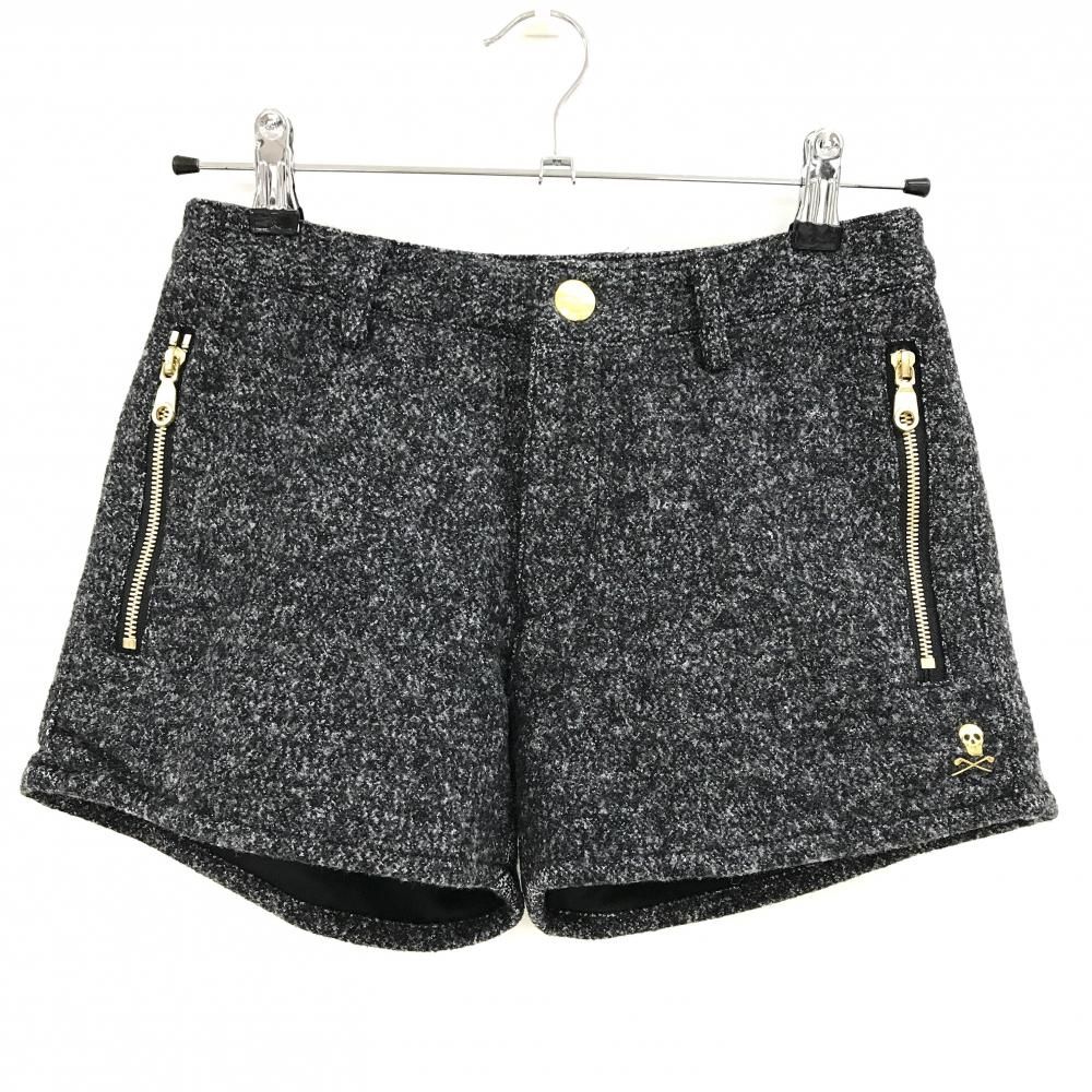 超 マークアンドロナ ショートパンツ 黒×グレー シルバーラメ 裏起毛 ウール混 レディース 38 M ゴルフウェア MARK＆LONA