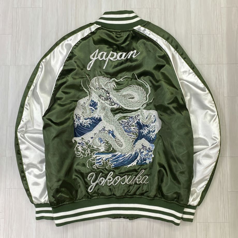 中綿入り Yokosuka刺繍入り スカジャン PUFF SUKAJAN 銀龍 Silver Dragon 総刺繍 緑