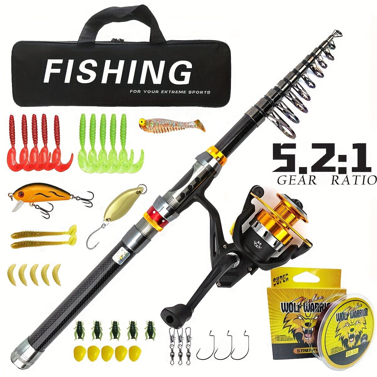 携帯に便利 伸縮式カーボン製釣り竿フルセット