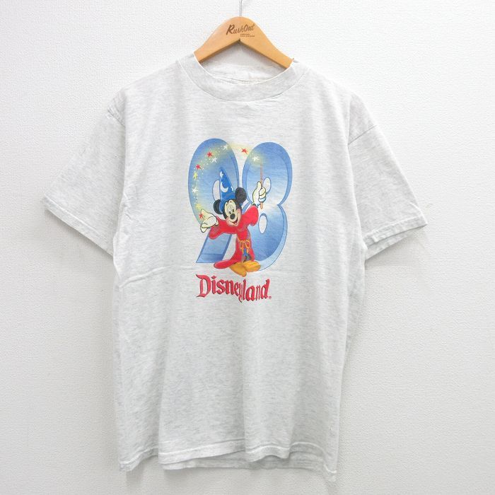 L/古着 半袖 ビンテージ Tシャツ メンズ 90s ディズニー ミッキー コットン クルーネック 薄グレー 霜降り spe 24aug07 中古