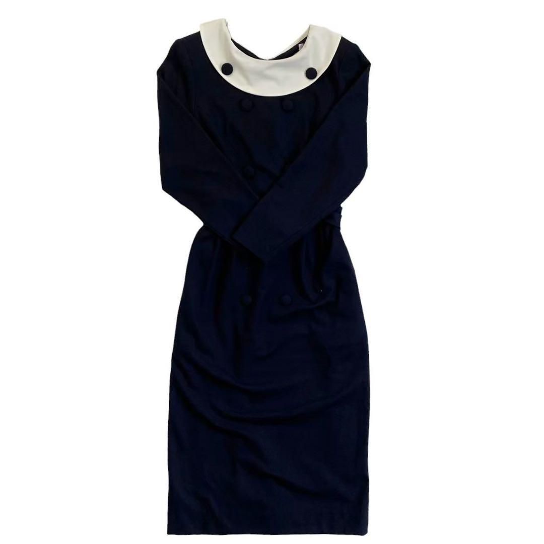 PARTISAN パルチザン ワンピース 紺 ウール ロング 襟 ボタン リボン  