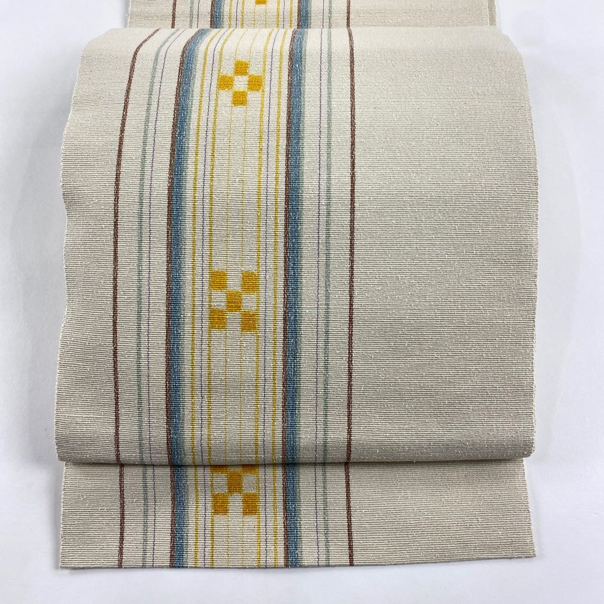 名古屋帯 琉球かすり 松葉仕立て 八寸名古屋帯 縞 幾何学模様 クリーム 正絹