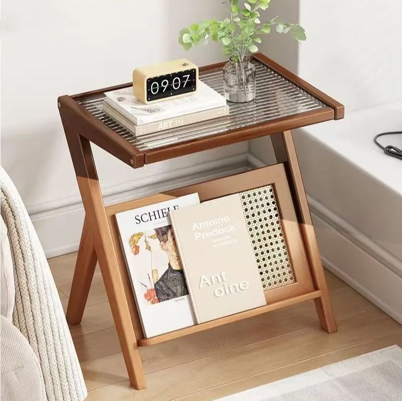 籐収納棚付き竹ラウンドサイドテーブル、2段コーヒーテーブル