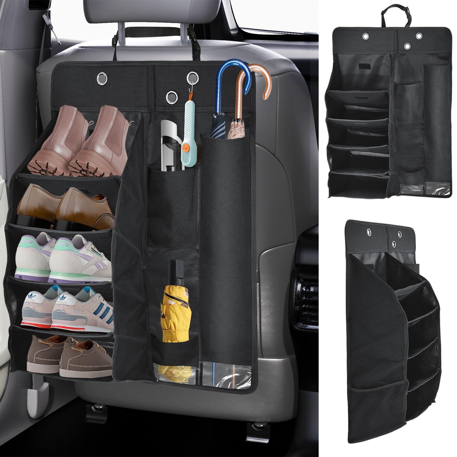 小物収納グッズ 下駄箱 傘ホルダー 折りたたみ式 傘立て 車用収納ボックス 車用収納ラック靴入れ ハイエースやNV350など 5段 多車種対応 カーシューズラック 梅雨対策 車用マルチシューズラック&傘入れ 車中泊 iKristin 土足禁止(ブラック)