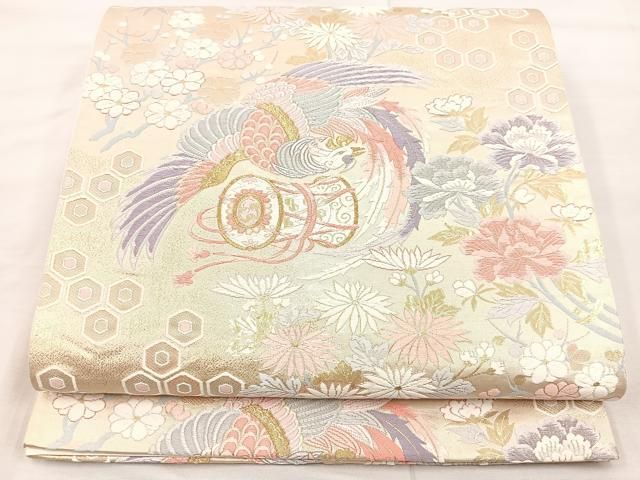 正絹　袋帯　六通柄　九百本金弐重織 風景翔鶴華　本金糸唐織り刺繍　超美品！ 平和屋着物◎六通柄袋帯 唐織 九百錦24K金箔 しょう美 鼓花鳥文