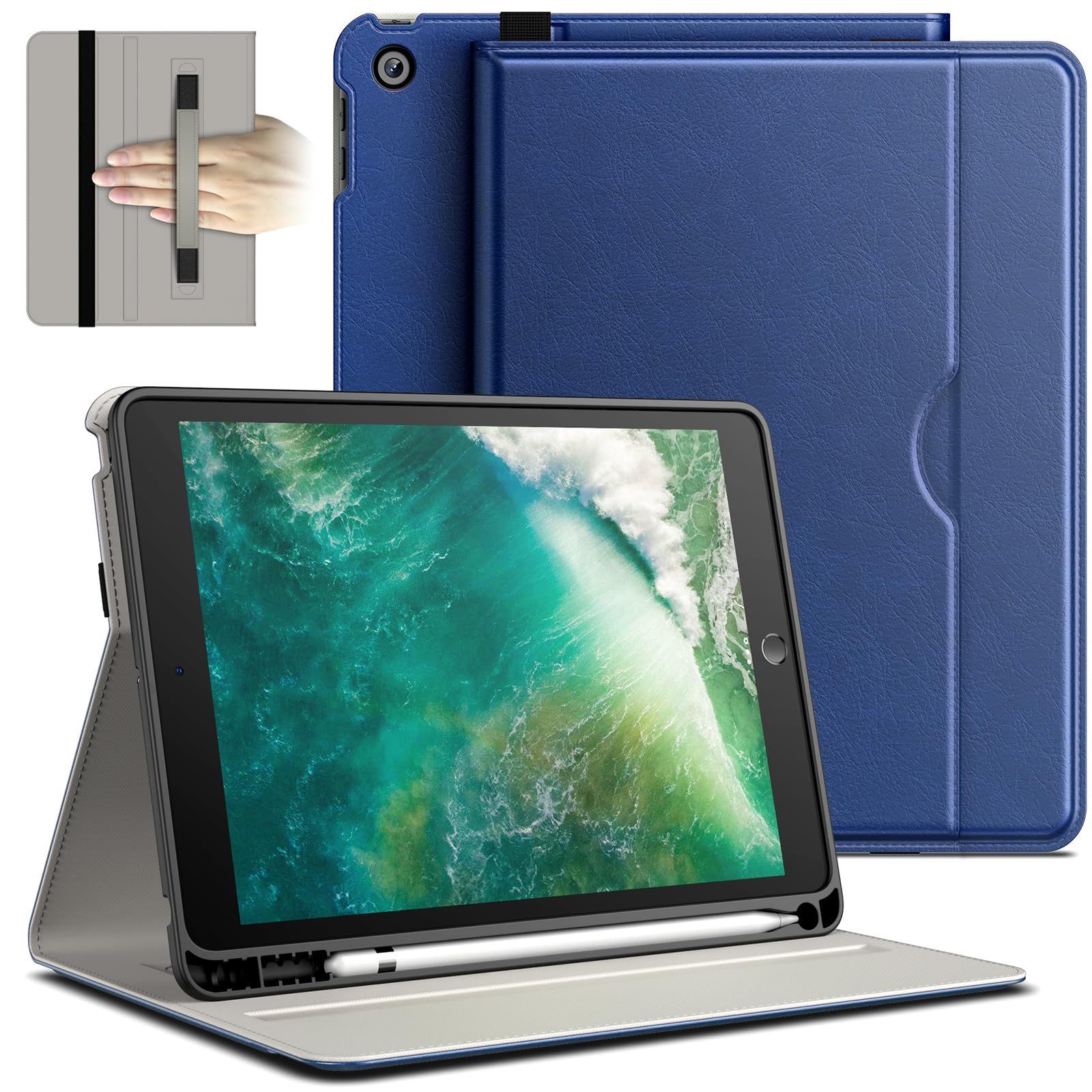 【数量限定】Pencilホルダーとポケット付き マルチアングルの視聴 タブレット保護カバー ビジネスフォリオ PUレザー (9.7インチ、2018/2017モデル、第6/5世代用) (ネービー) ケース 6/5 iPad JEDirect