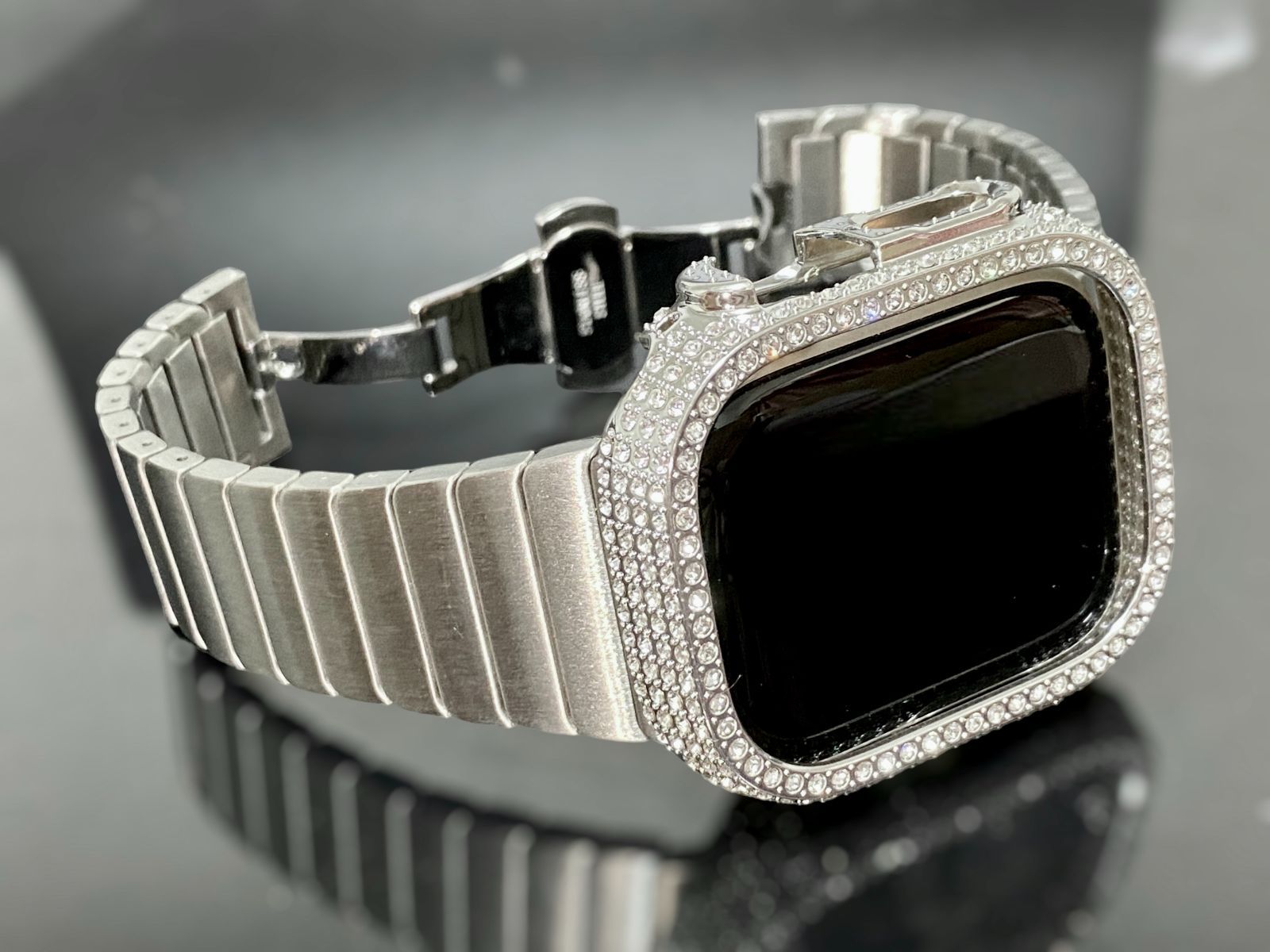 シルバーカバーベルト調整器セット ︎Box付き ステンレスベルト Apple Watch キラキラ アップルウォッチステンレス バンド ケース ultra 49mm