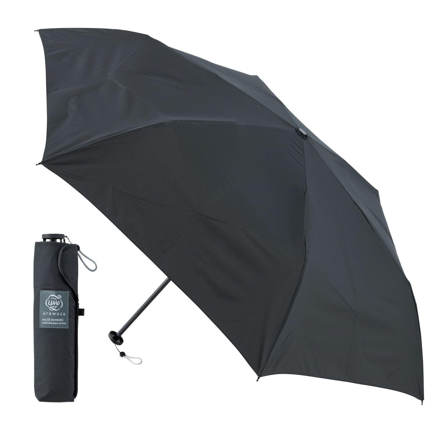 3秒のurawaza ウラワザ スリム 軽量 折りたたみ傘 UVカット 晴雨対応 50cm 10298 ブラック ブラック 親骨の長さ 50㎝