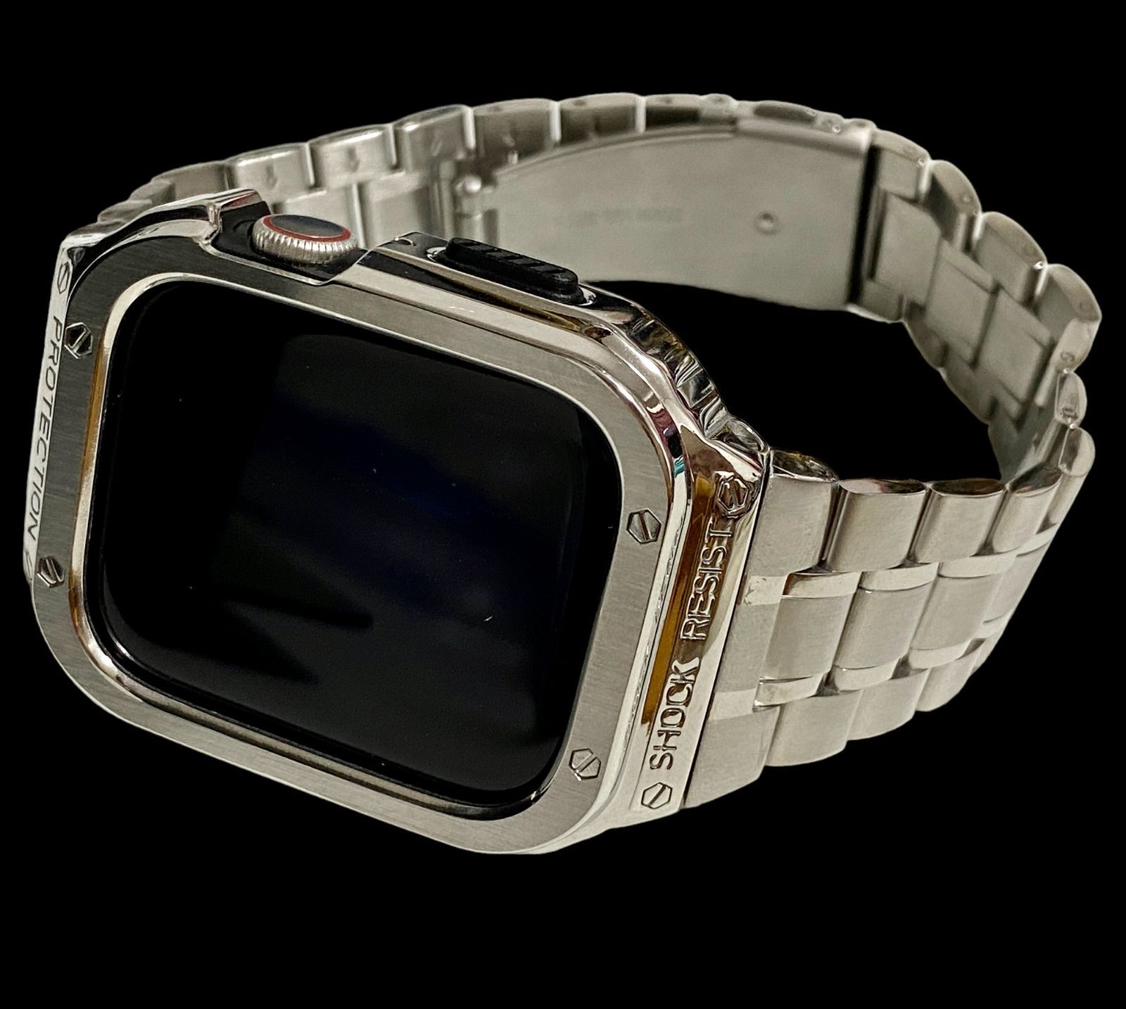 シルバー★アップルウォッチバンド ステンレス カバー Apple Watch ケース 44mm 45mmメンズ レディース スポーツ 一体型 316L高級ステンレス