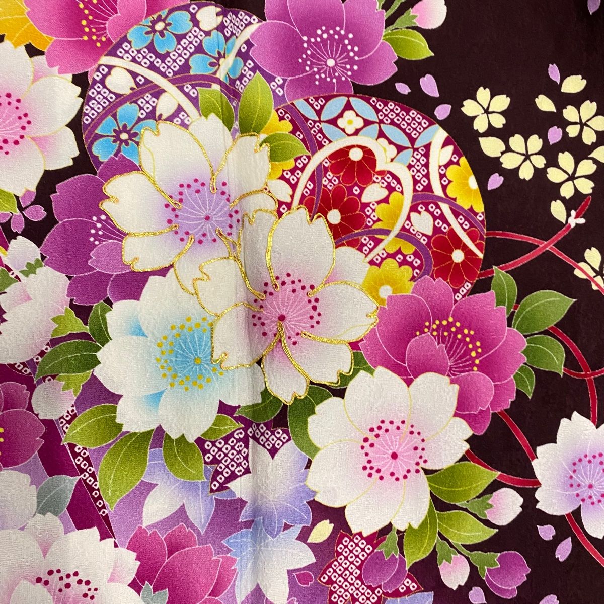 振袖 身丈171cm 裄丈71cm L 袷 手鞠 桜 金糸 金彩 赤紫 正絹 美品 名品  