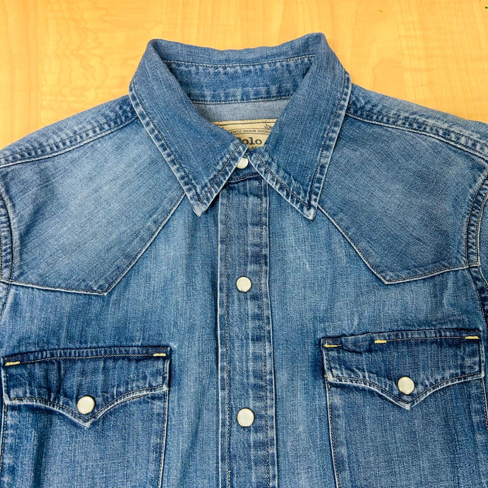 美品★ラルフローレン ヴィンテージ加工 ダメージ デニムシャツ 金ボタン S ダメージ加工美品】Polo Ralph Lauren ポロ ラルフローレン