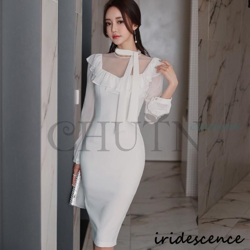 ホワイト エレガント パーティードレス ワンピース 結婚式 韓国