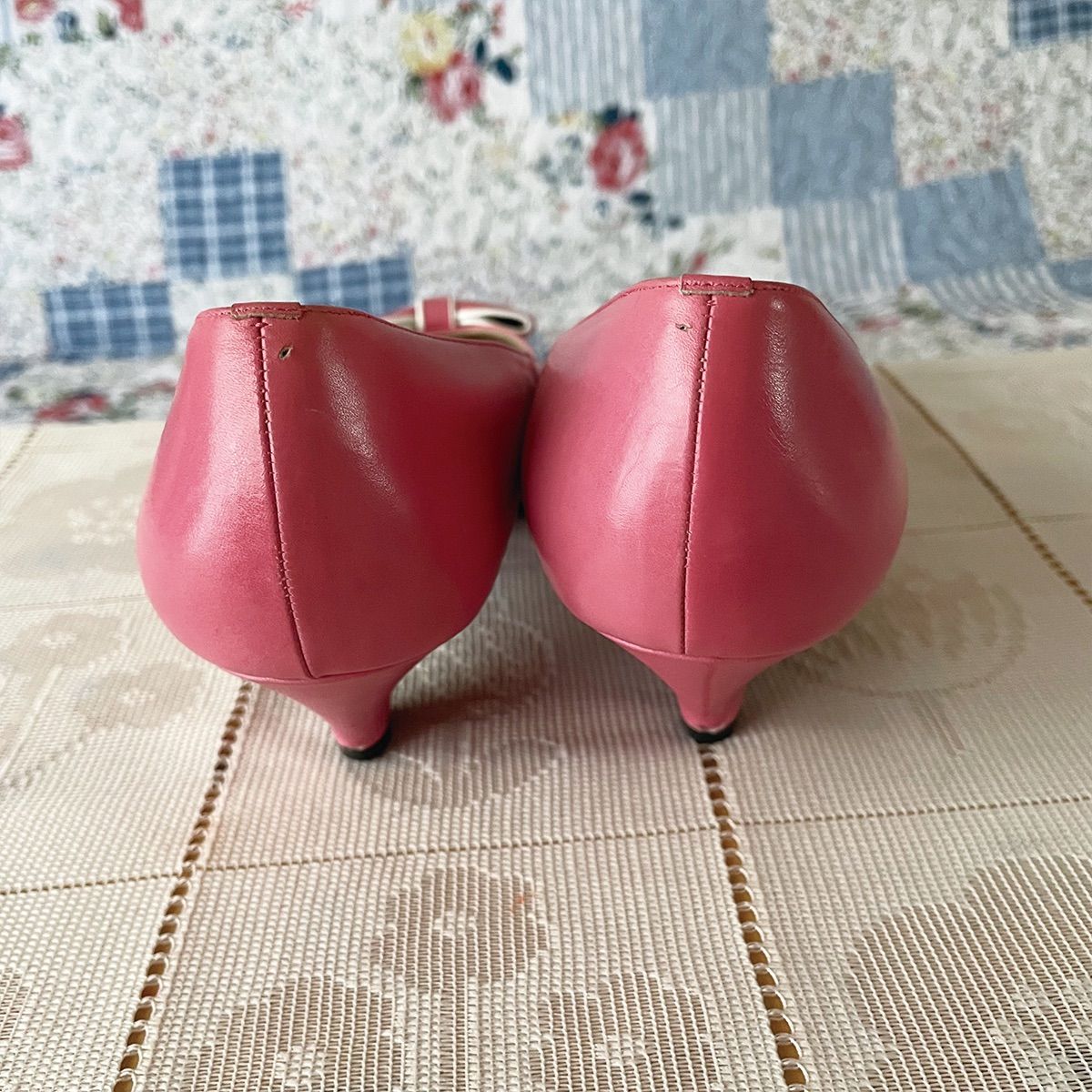 70s ピンク×ホワイト リボン ヒール パンプス 23.5cm 昭和レトロ ヴィンテージ靴