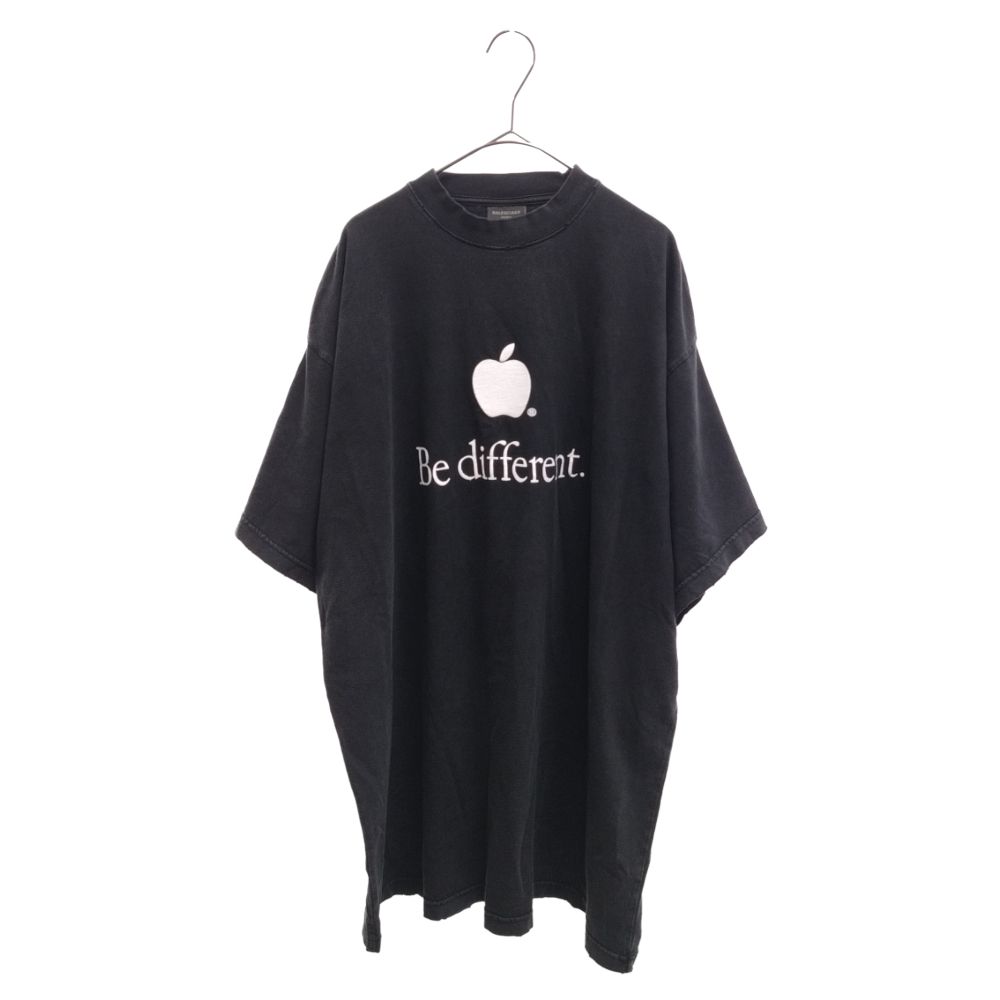 BALENCIAGA バレンシアガ 22AW Be different刺繍Tシャツ ビーディファレント半袖Tシャツ ダメージ ヴィンテージ加工 アップル ロゴ刺繍 712398 TNVB3 ブラック