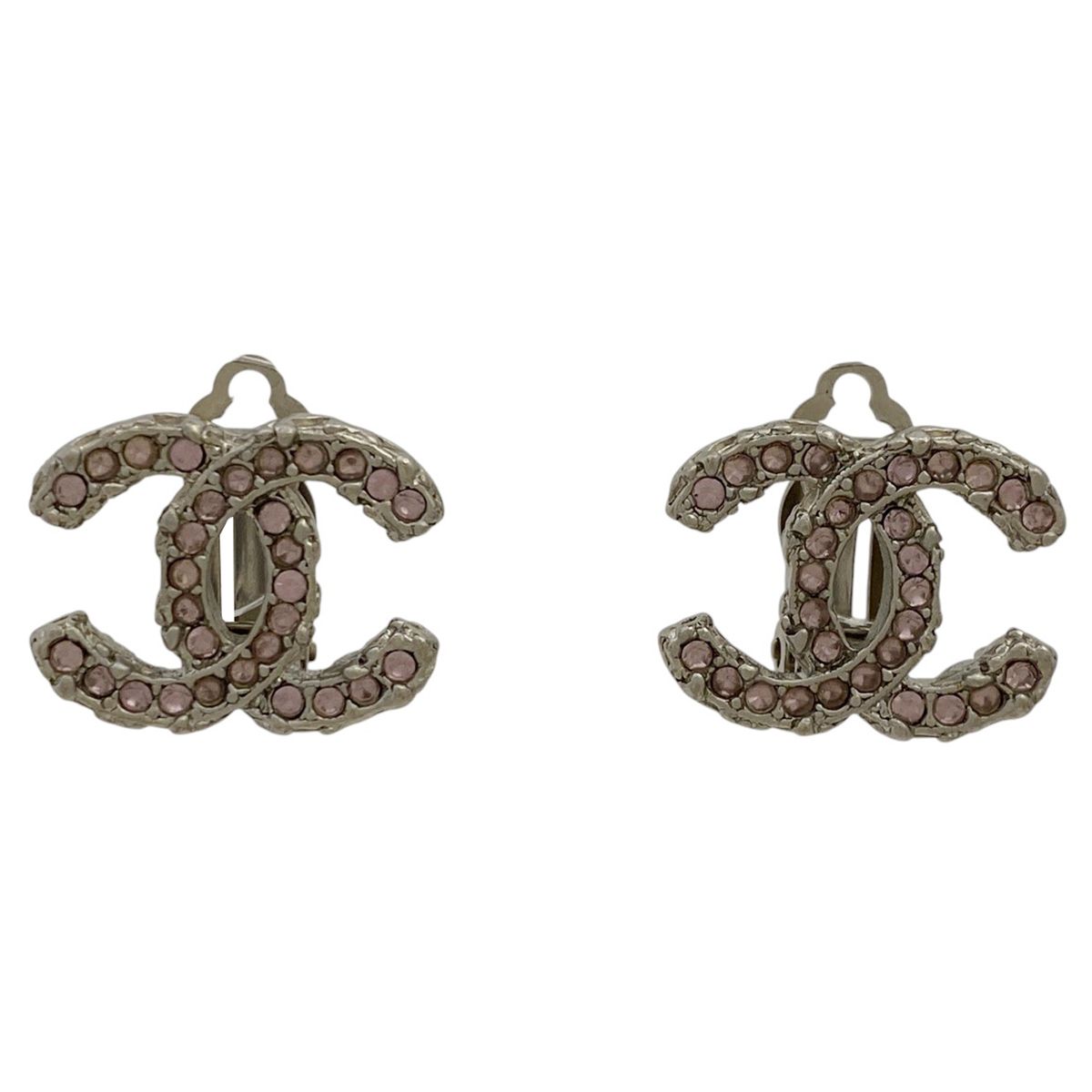 シャネル CHANEL ココマーク ラインストーン イヤリング CCマーク イヤリング シルバーメッキ シルバー ピンク レディース