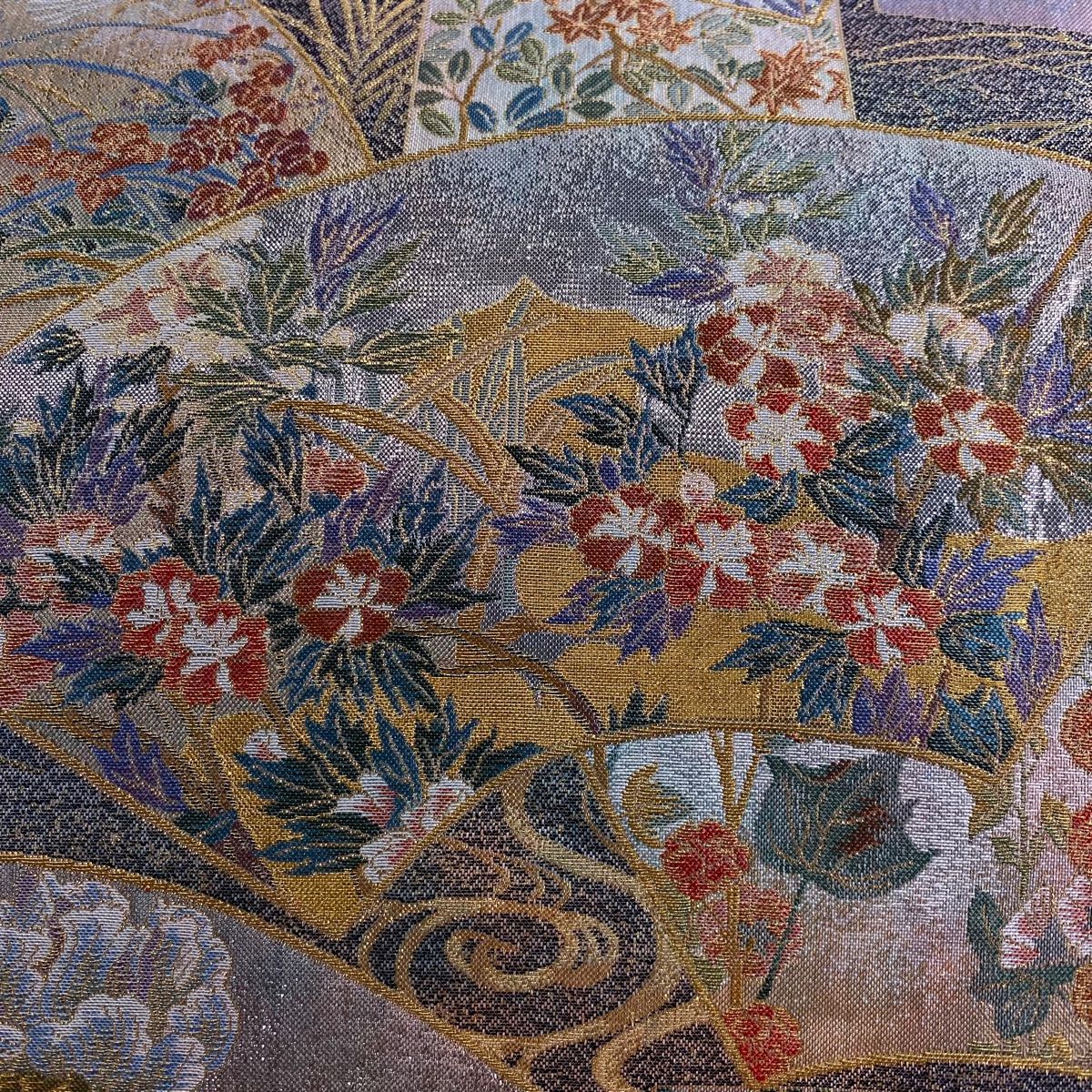 丸帯 名品 壱阡八百口織 伝承国宝図 金糸 プラチナ本金箔 青灰色 全通 正絹