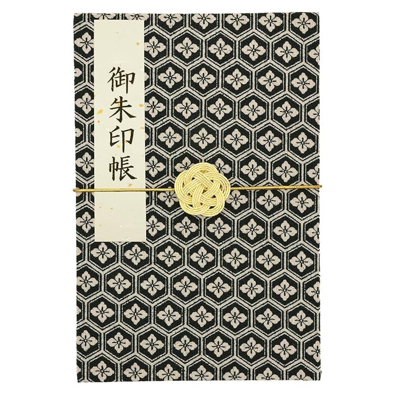 御朱印帳 ご朱印帳 水引ゴム特典付 かわいい 見開き 和柄 ちりめん生地 朱印帳 お寺 御集印帳 ご朱印 (高さ約18cm， 亀甲家紋（黒）)
