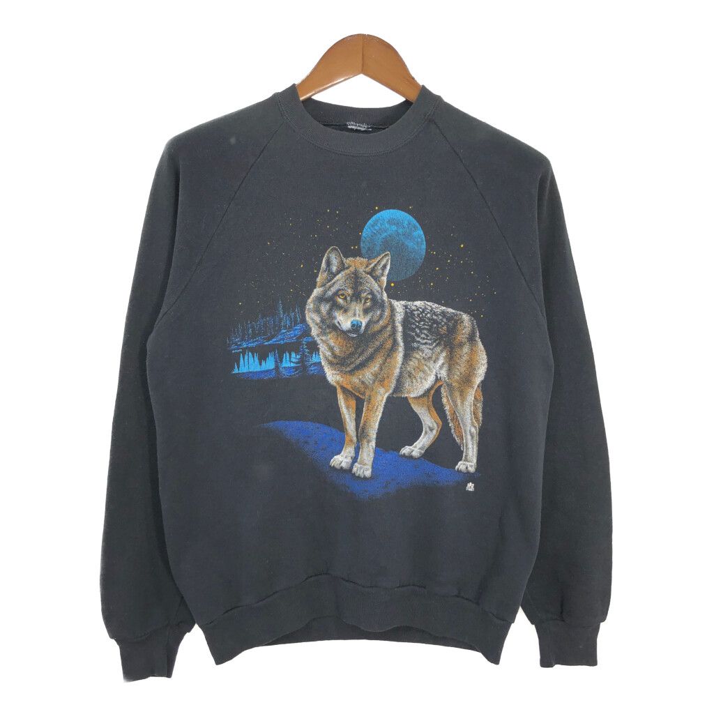 80年代 アニマルプリント オオカミ スウェット ブラック (メンズ S相当) 中古 古着 R1836