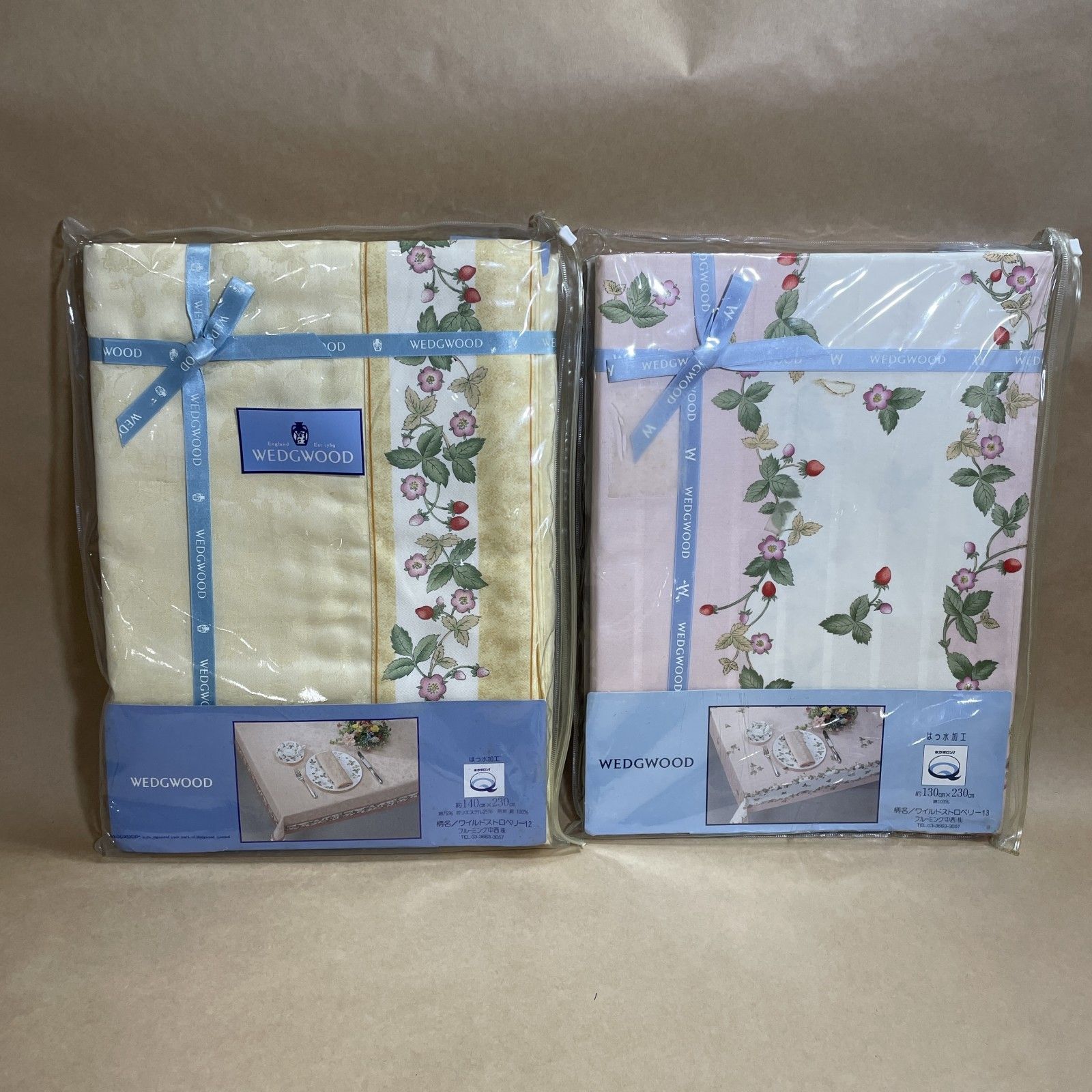 WEDGWOOD ウエッジウッド ♥ ワイルドストロベリー テーブルクロス 2点 まとめ商品 約140ｘ230㎝ クリームイエロー 約130ｘ230㎝ ピンク ブルーミング中西 撥水加工 1.78kg