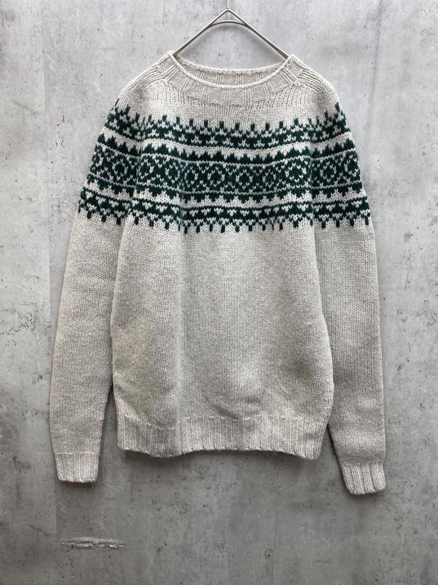 シェットランド アイルズウールンミルズ 英国製 ノルディックニット セーター size34|グレーホワイトｘ緑 ◆ ◎レディース