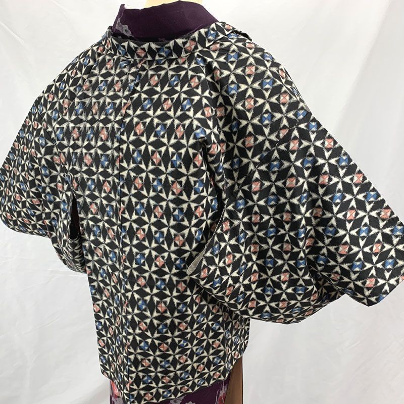 410aa14◇Haori Kimono アンティーク 羽織 花七宝 銘仙 昭和レトロ 大正ロマン 和洋コーデにも◇美品