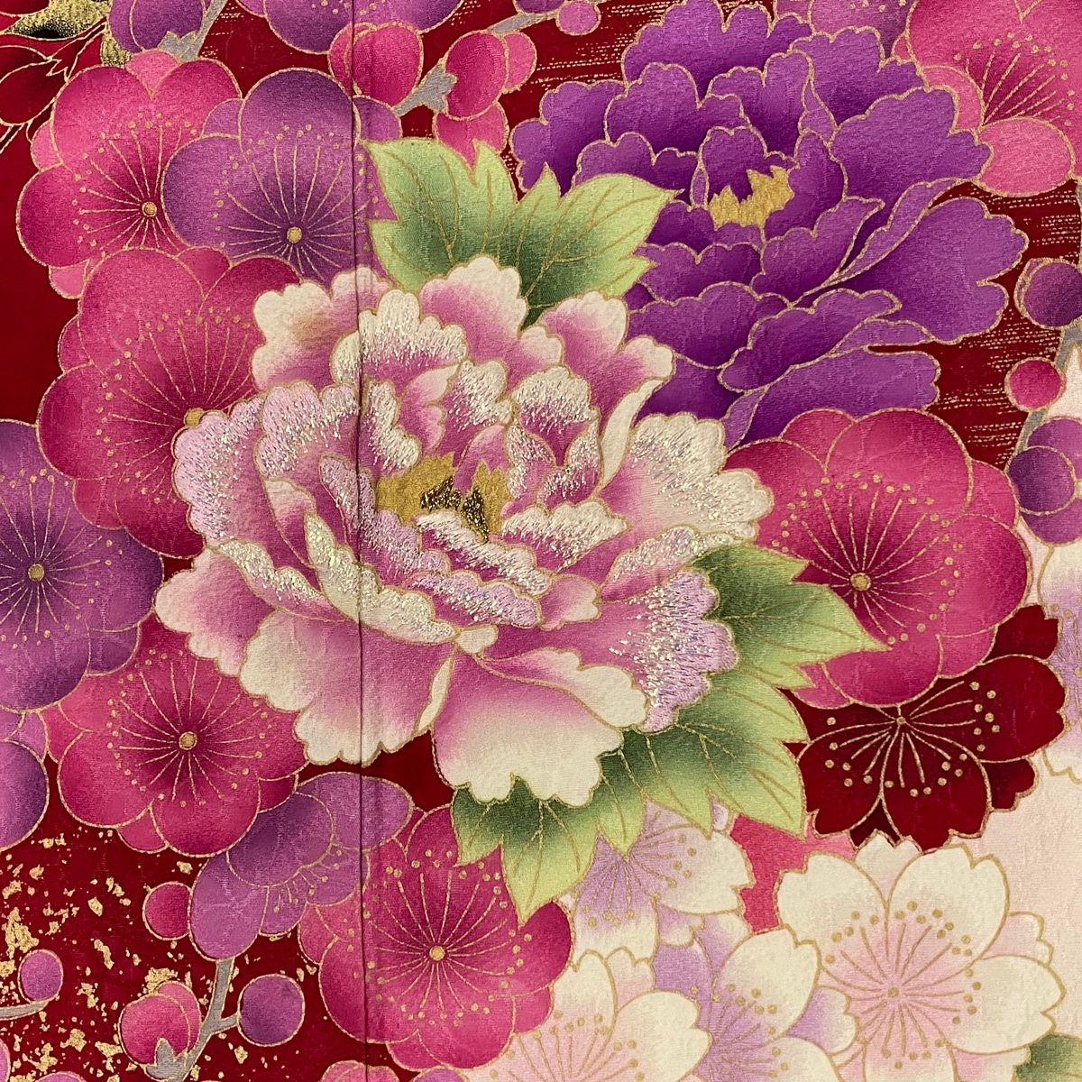 振袖 身丈163.5cm 裄丈68.5cm L 袷 桜 桜の花びら 金彩 箔 灰紫 正絹 秀品 中古