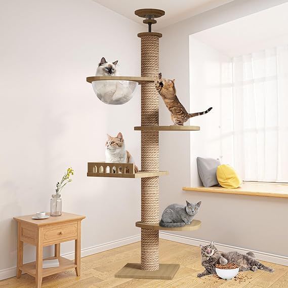 【在庫処分】CozyMeow キャットタワー 突っ張り 木登りタワー 木製 キャットツリー スリム 宇宙船 ハンモック 多層無垢材 太い支柱 大型猫用 多頭飼い 猫タワー 爪とぎ つめとぎ 猫 人気 おし