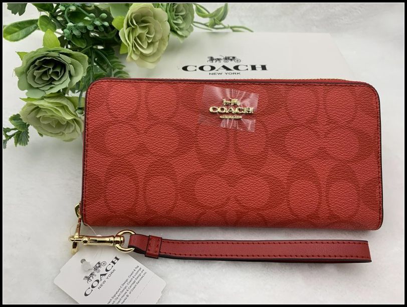 COACH 長財布 コーチ 財布 マイアミレッド ラグジュアリー ストラップ付き シグネチャー アコーディオン ウォレット プレゼント 贈り物 ギフト ラウンドファスナー ロング ジップ ファッション レディース メンズ 新品未使用C4452 A332Z-X1