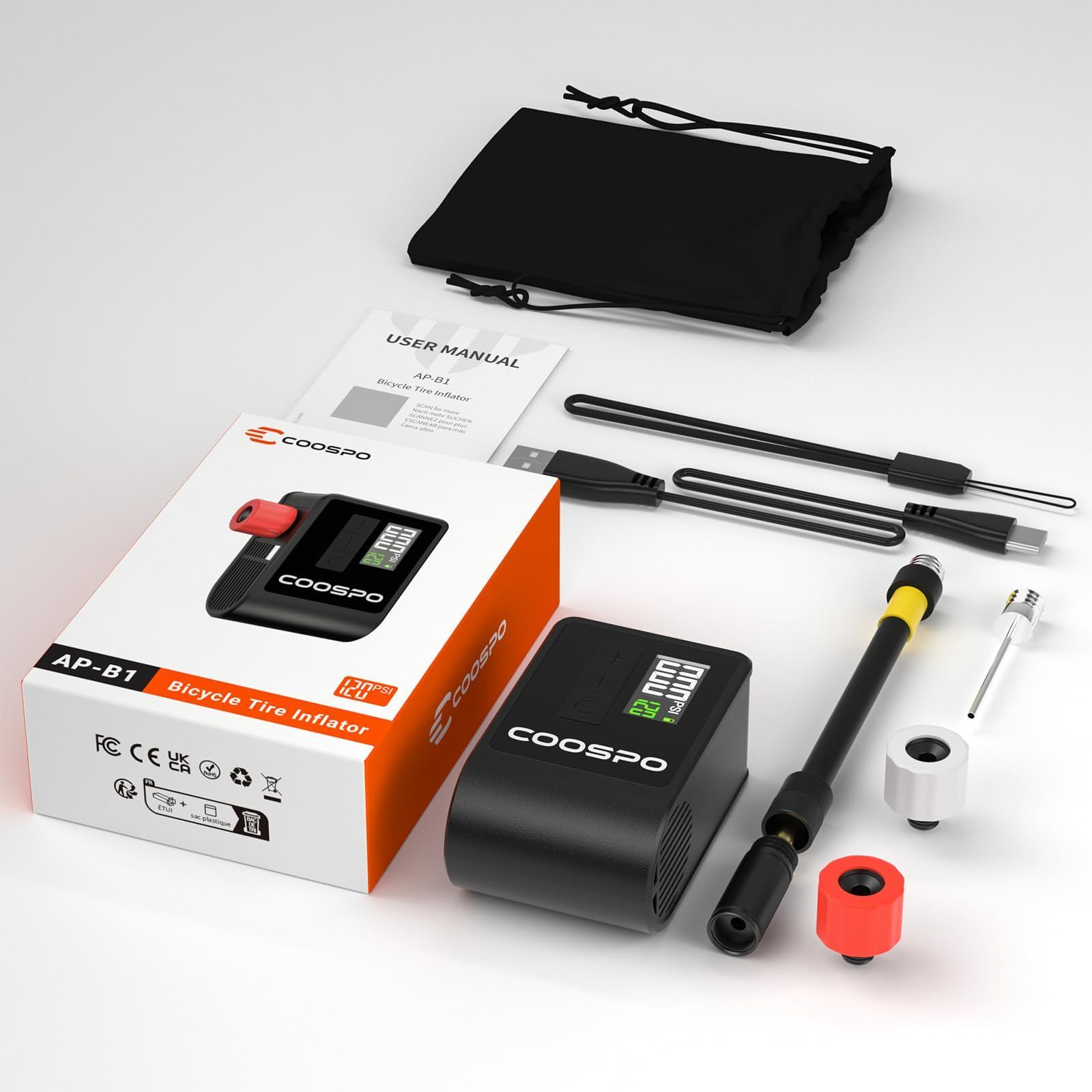 AP-B1 自転車 空気入れ 電動 最大120PSI ロードバイク 電動ポンプ 米式 COOSPO 英式 仏式 全バルブ対応 気圧表示 軽量 小型