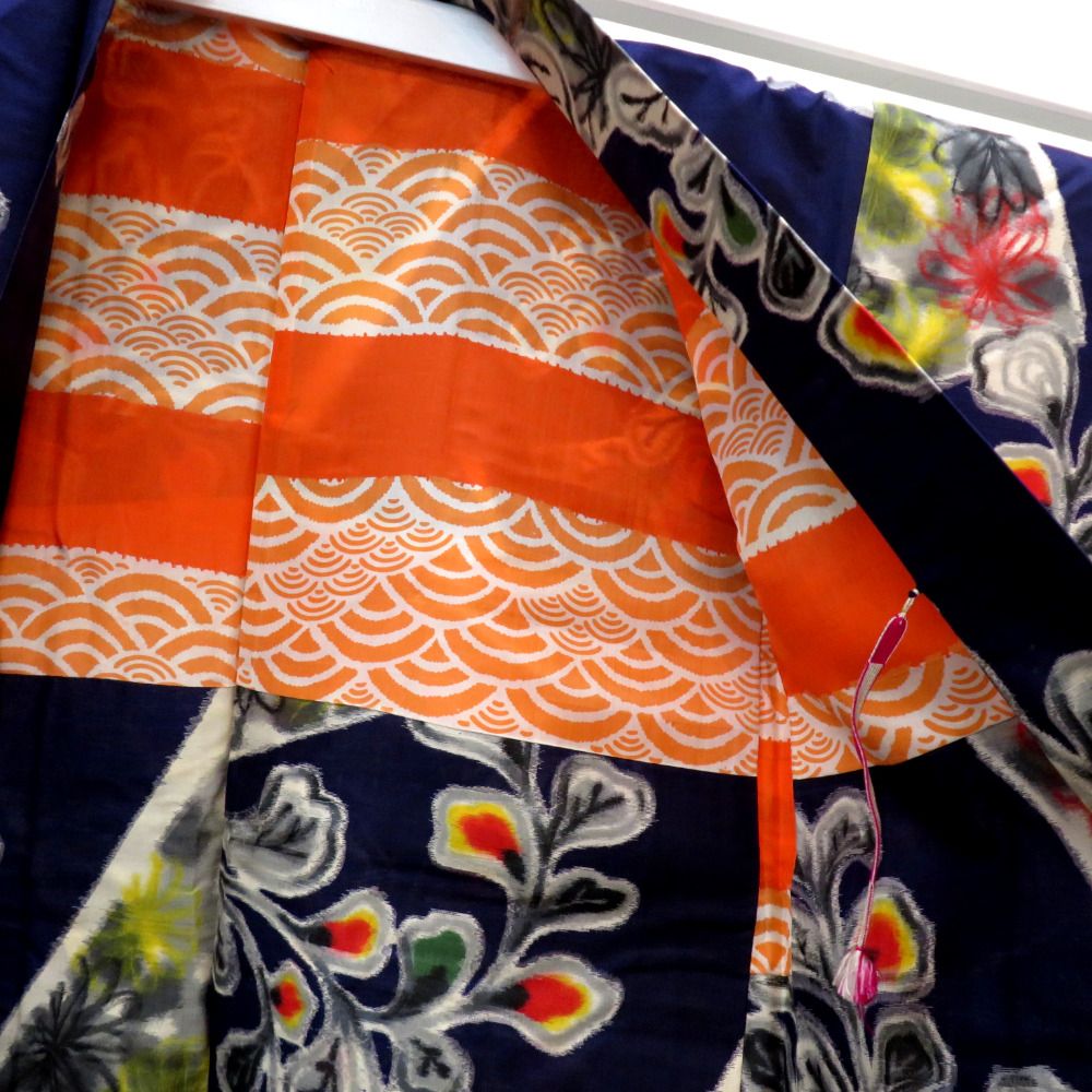 羽織 銘仙 アンティーク 昔羽織 長羽織 正絹 紺 墨色 マルチカラー