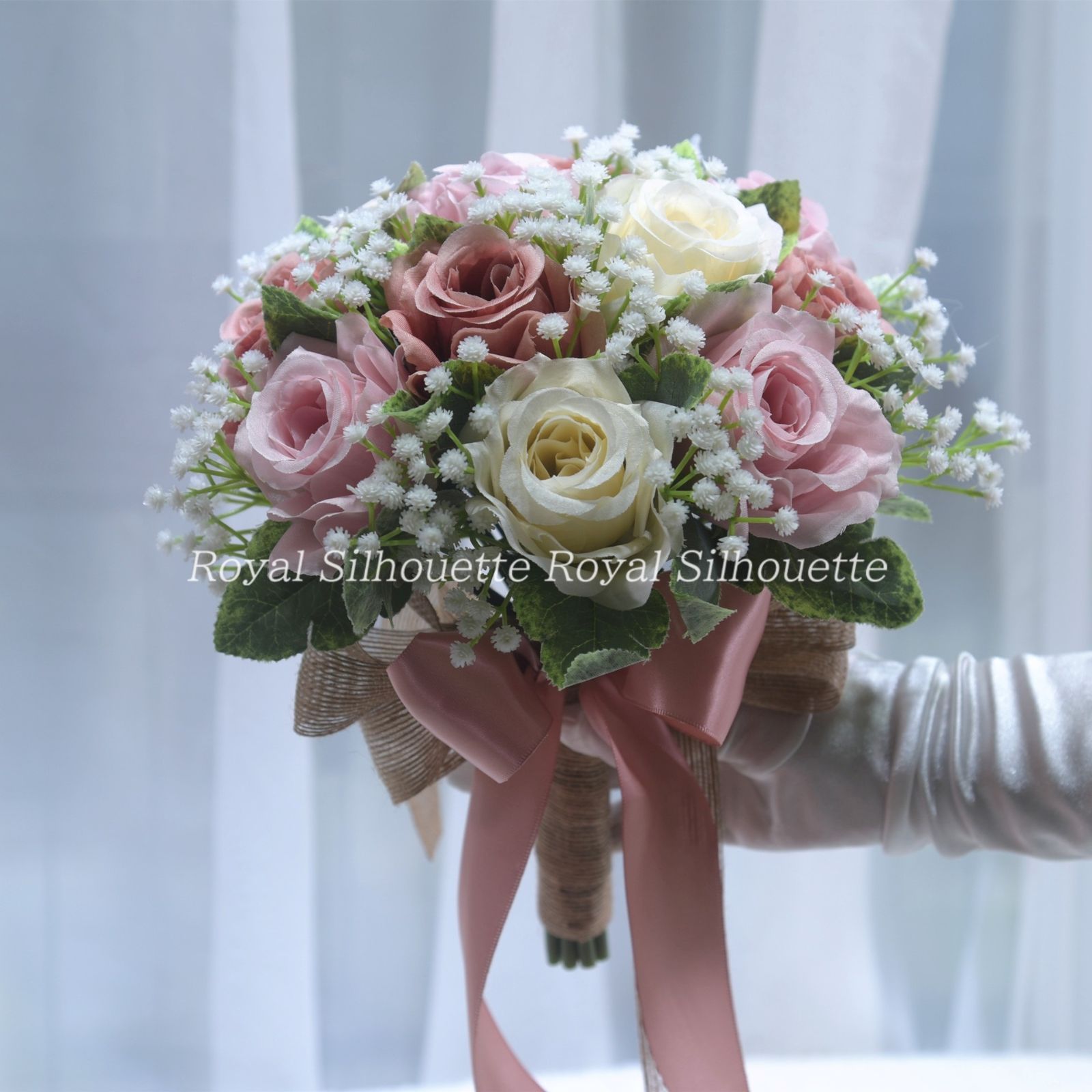 アーティフィシャルフラワーブーケ 高級造花 ホワイトピンク＆ブルー 造花ブーケ アーティフィシャルフラワー ホワイト ピンク ハンドメイド